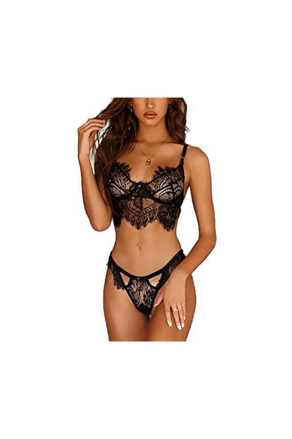 Femmes Sexy Soutien-gorge et Culotte, Ensemble de Lingerie Érotique Romantique Dentelle Maille Transparent Doux Bralette sans
