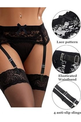 Satohom Femme Porte-Jarretelle avec 4 Pinces Dentelle Réglable Jarretelle Haute Grande Taille avec G-string pour Lingerie Bas