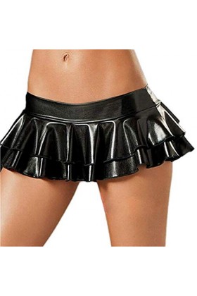 NAVARCH Sexy Womens Black Wet Look Thigh High Stockings Shiny Thigh High Faux Leather Mini Ruffle Skirt Metallic Tights Ladie