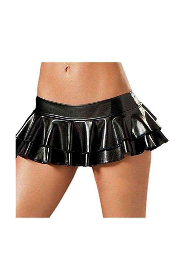 NAVARCH Sexy Womens Black Wet Look Thigh High Stockings Shiny Thigh High Faux Leather Mini Ruffle Skirt Metallic Tights Ladie