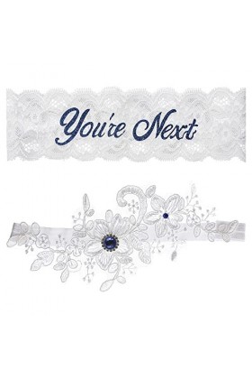 Lusofie 2 Pièces Jartiere Femme Mariage Dentelle Blanche Jarretière de Mariage de Florale Strass Bleu Jarretières de Mariée M