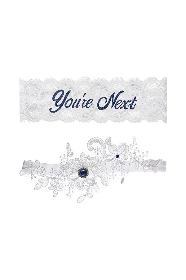 Lusofie 2 Pièces Jartiere Femme Mariage Dentelle Blanche Jarretière de Mariage de Florale Strass Bleu Jarretières de Mariée M