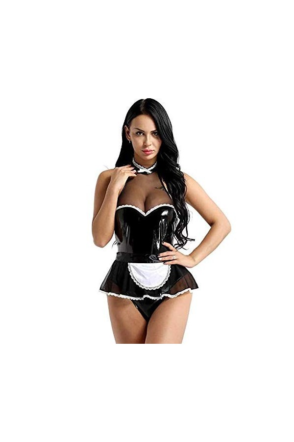 Freesiom Costume Sexy Soubrette Lingerie Femme Cuir Latex Erotique Robe Deguisement Femme De Menage Coquine Cosplay Servante 