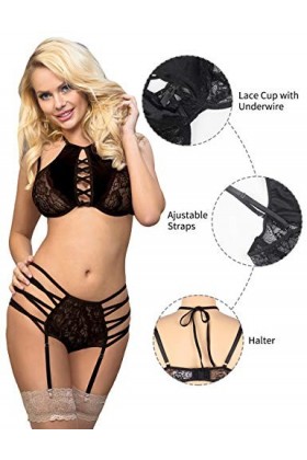 comeondear Femme Ensemble Lingerie Sexy Porte Jarretelles Soutien-Gorge Dentelle et Culotte Stretch sous-Vêtements Féminins B