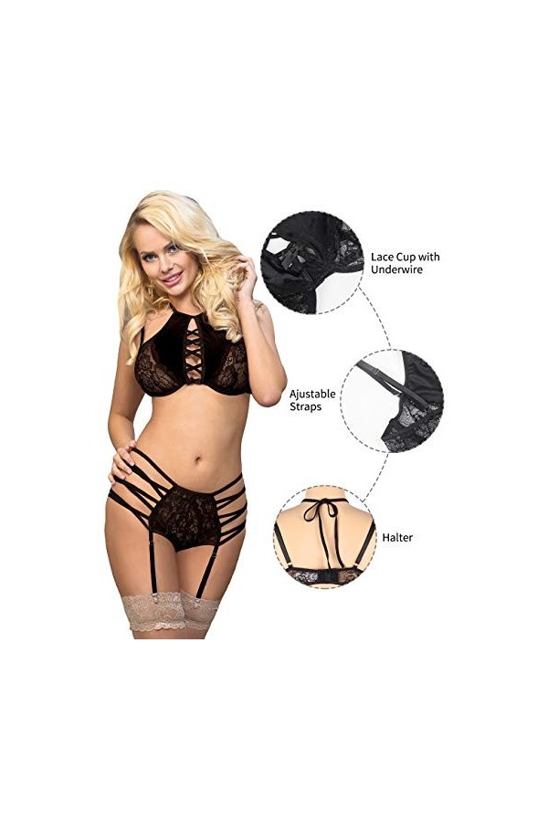 comeondear Femme Ensemble Lingerie Sexy Porte Jarretelles Soutien-Gorge Dentelle et Culotte Stretch sous-Vêtements Féminins B