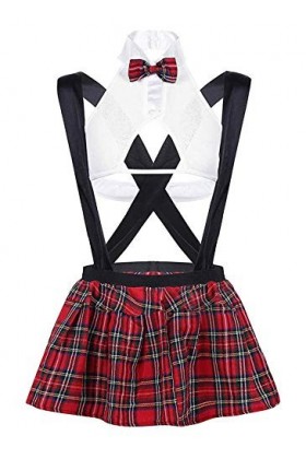 Dames Lingerie Babydoll Sexy School Girl Costume Uniforme Robe Lolita Mini Top et Jupe À Carreaux Plissée Rouge/Blanc, Taille