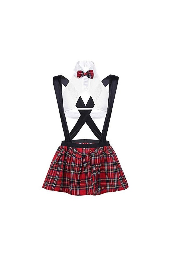 Dames Lingerie Babydoll Sexy School Girl Costume Uniforme Robe Lolita Mini Top et Jupe À Carreaux Plissée Rouge/Blanc, Taille