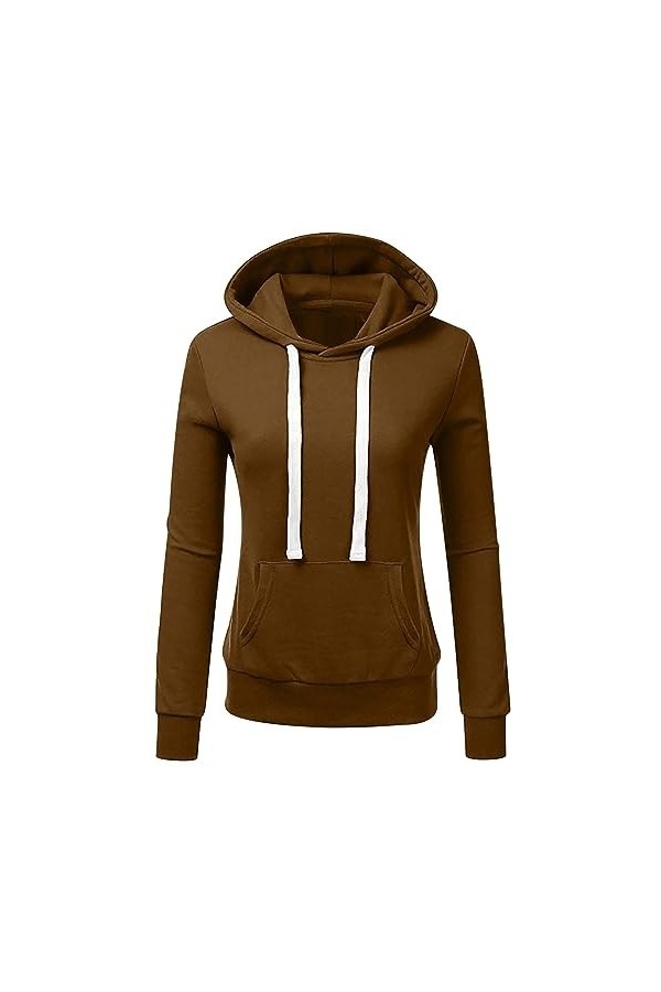 Gefomuofe Sweat-shirt à capuche pour femme - Couleur unie - Avec capuche et cordons de serrage, A café., S