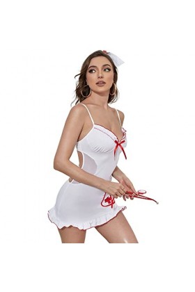 Girspov Femmes Sexy Lingerie Set Infirmière Cosplay Babydoll Bodysuit Sleepwear Nightwear Naughty Nurse Roleplay Outfits Mini