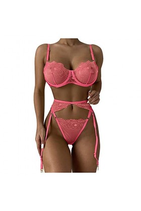 Générique Sexy Femme Ensemble Lingerie avec Porte Jarretelles Dentelle Soutien-Gorge et Culotte Ensemble Nuisette Sexy Clubwe