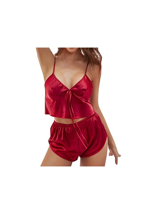 Pyjama sexy pour femme avec soutien-gorge et bretelles, Rouge, XL