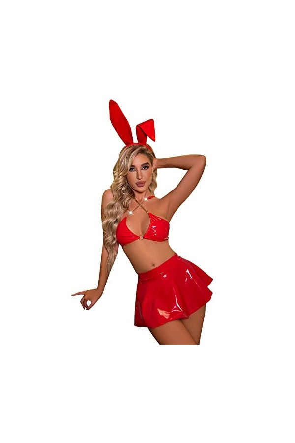 IBAKOM Tenue holographique brillante pour femme - Effet mouillé métallique - Soutien-gorge en cuir PVC - Mini jupe évasée - C