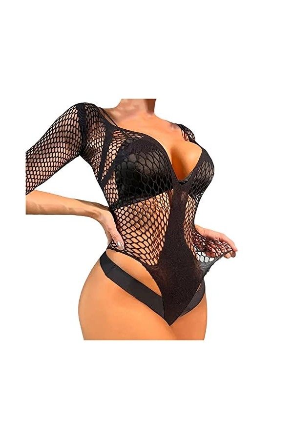UOWEG sous-vêtements érotiques pour Femmes Net Suit de pêche Trous évidés sous-vêtements Sexy Combinaison Ouverte Black, One
