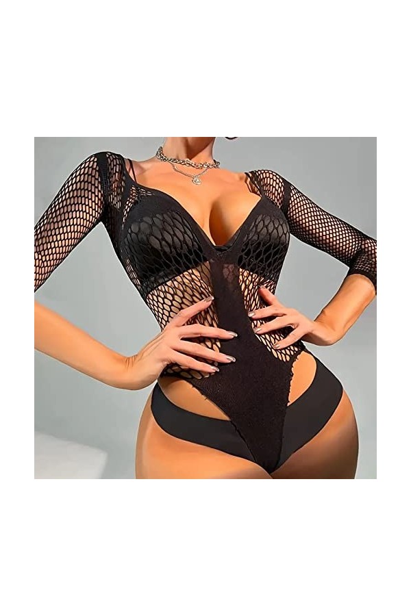 UOWEG sous-vêtements érotiques pour Femmes Net Suit de pêche Trous évidés sous-vêtements Sexy Combinaison Ouverte Black, One