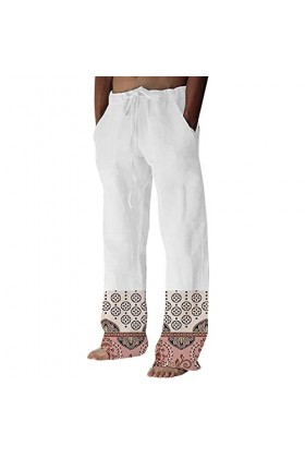 Pantalon en lin pour homme - Imprimé tête de mort - En coton - Style décontracté - Blanc - Coupe ample, E blanc., XXXL