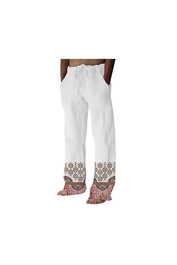 Pantalon en lin pour homme - Imprimé tête de mort - En coton - Style décontracté - Blanc - Coupe ample, E blanc., XXXL