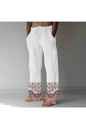 Pantalon en lin pour homme - Imprimé tête de mort - En coton - Style décontracté - Blanc - Coupe ample, E blanc., XXXL