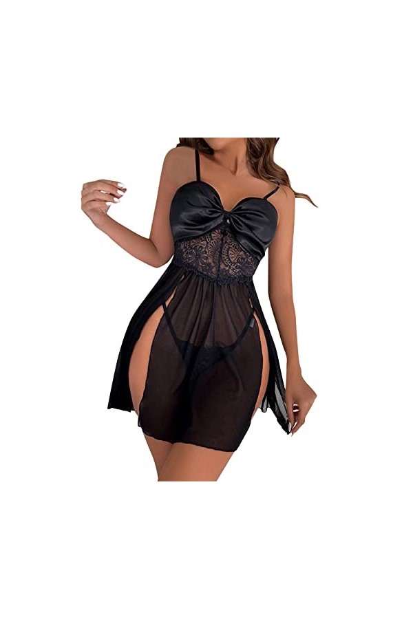 Lingerie Sexy Femme Dentelle Sexy Vêtements de Maison Séduisante Pyjama Femme Chemise de Nuit avec Boutonnière, Noir , M