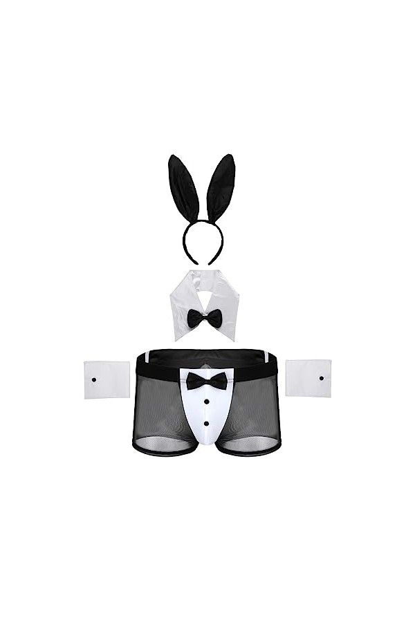 inlzdz Homme Sissy Ensemble de Lingerie Sexy Lapin Boxer Collier Poignets Bandeau Sexy Déguisement Bunny Sexy Costume Serveur