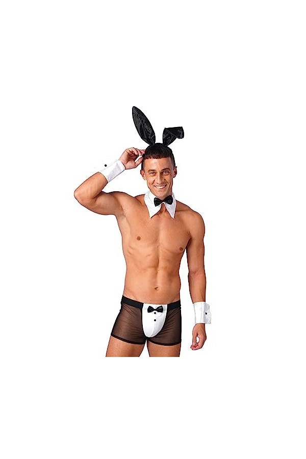 inlzdz Homme Sissy Ensemble de Lingerie Sexy Lapin Boxer Collier Poignets Bandeau Sexy Déguisement Bunny Sexy Costume Serveur