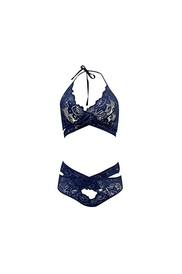 liaddkv Ensemble de 2 culottes sexy en dentelle brodée pour femme, bleu, S