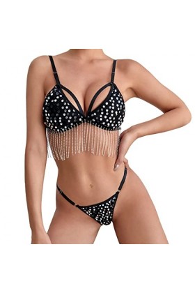 liaddkv Ensemble de lingerie sexy pour femme - Soutien-gorge en dentelle et culotte - Bralette - Tenue de nuit, Noir , M