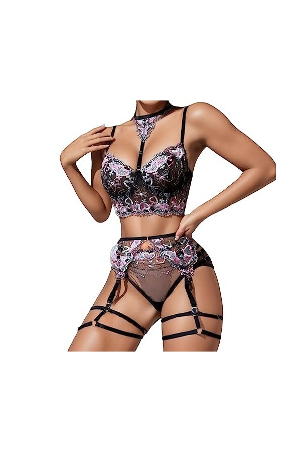 Lingerie Sexy pour Femme Costume Trois pièces pour Femmes Mesh Love Split sous-vêtements Sexy Impudique Lingerie Black, S 
