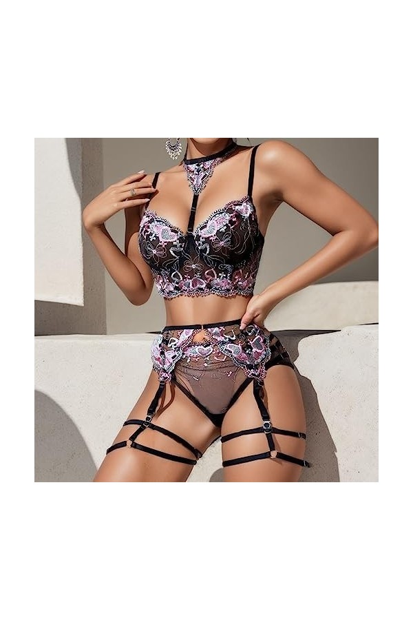 Lingerie Sexy pour Femme Costume Trois pièces pour Femmes Mesh Love Split sous-vêtements Sexy Impudique Lingerie Black, S 