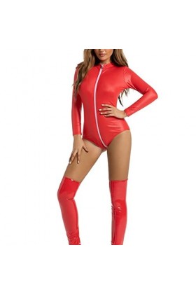 KBOPLEMQ Combinaison en latex pour femme - Effet mouillé - Body à manches longues - String - Ouvert - En cuir verni - Sexy - 