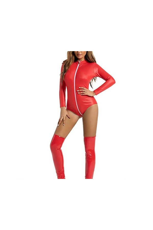 KBOPLEMQ Combinaison en latex pour femme - Effet mouillé - Body à manches longues - String - Ouvert - En cuir verni - Sexy - 