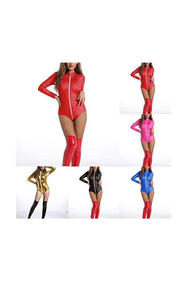 KBOPLEMQ Combinaison en latex pour femme - Effet mouillé - Body à manches longues - String - Ouvert - En cuir verni - Sexy - 