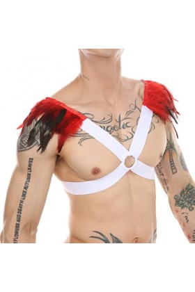 Pyjama Rouge pour Homme Décoration de Plumes pour Hommes Corset Sexy Sangle de Poitrine Anneau en métal Bondage Gilet évidé R