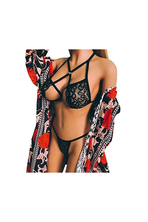 MODSGUE Y Body Bikini en dentelle sexy avec string et string ouvert, Noir , M