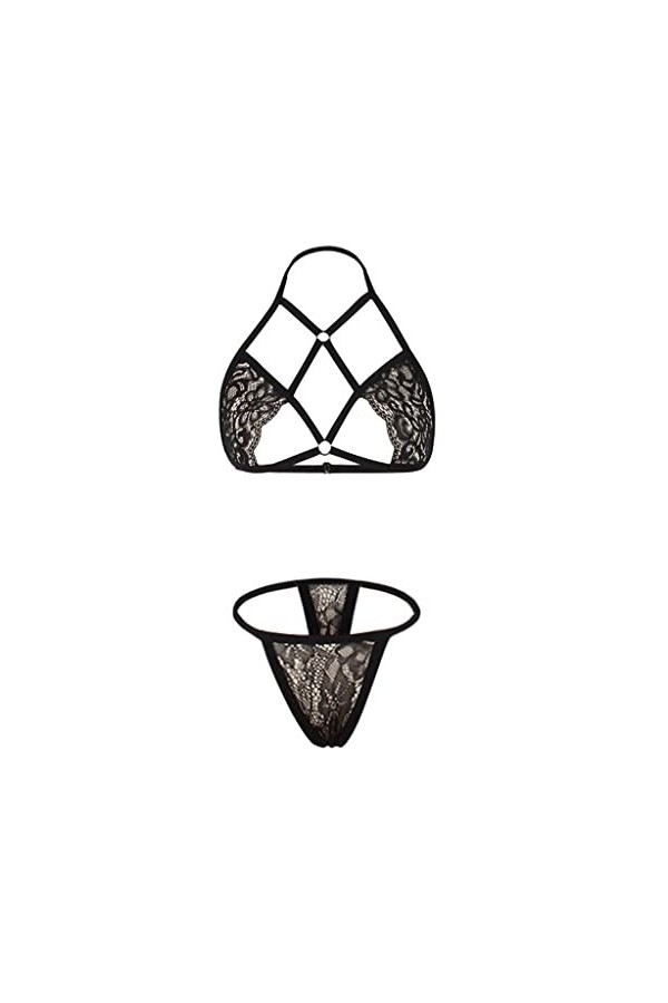 MODSGUE Y Body Bikini en dentelle sexy avec string et string ouvert, Noir , M