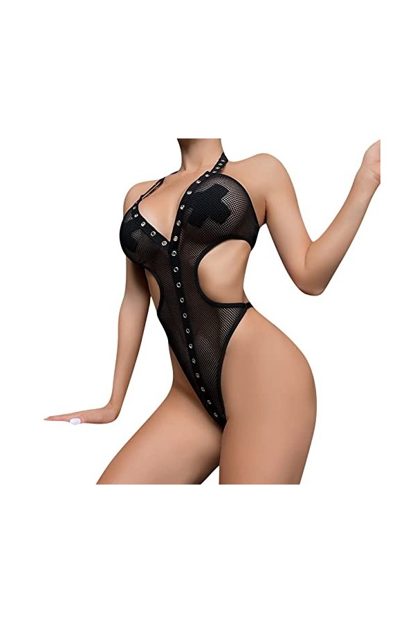 sous-vêtements Amusants pour Femmes Tissu de Poitrine Noir Anneau en métal épissé de pêche Creux Sexy Voir à Travers Le Body 