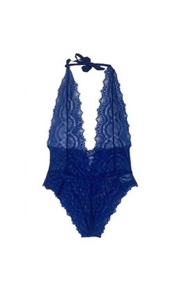 UOWEG Womens Halter Lingerie Lace Teddy Body Nightwear Deep V Lace Underwear Plus Size Harnais Lingerie Blue, M 