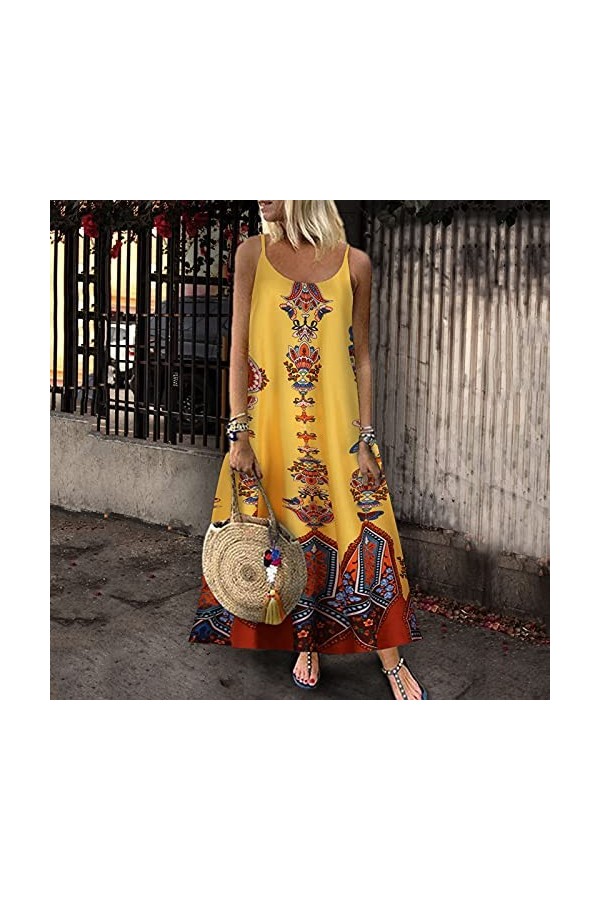 Robe Longue Ete Dété Sundress Decontractée A-Line Dress Décontractée Maxi Robes sans Manches Longue Robe Fluide Robes Femme 