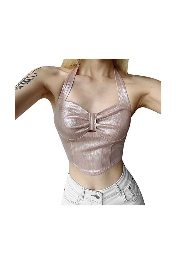 Débardeur pour femme - Couleur unie - Coupe ajustée - Style urbain - Dos nu - Couleur unie, Rose, L