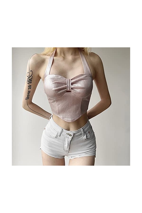 Débardeur pour femme - Couleur unie - Coupe ajustée - Style urbain - Dos nu - Couleur unie, Rose, L