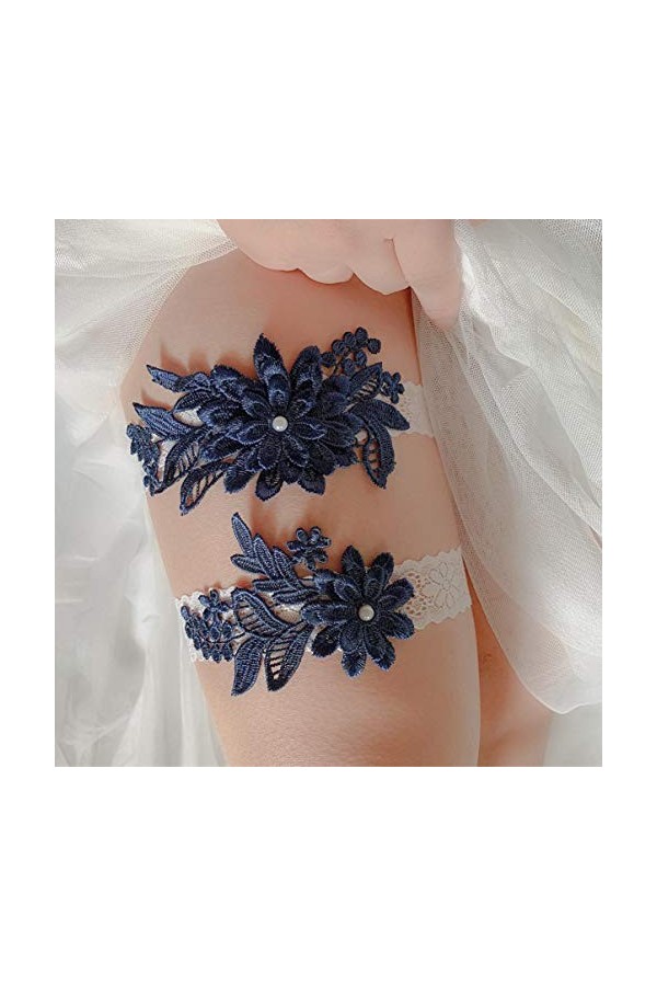 PRETYZOOM 1 Paire Jarretière de Mariée Définit Dentelle Blanche Garniture Fleur Et Feuilles Motif Jambe Bande Accessoires Pho