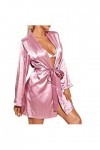 liaddkv Pyjama sexy en satin pour femme - Jupe à manches longues - Avec ceinture - Lingerie sexy - Filet de poisson, Rose, S