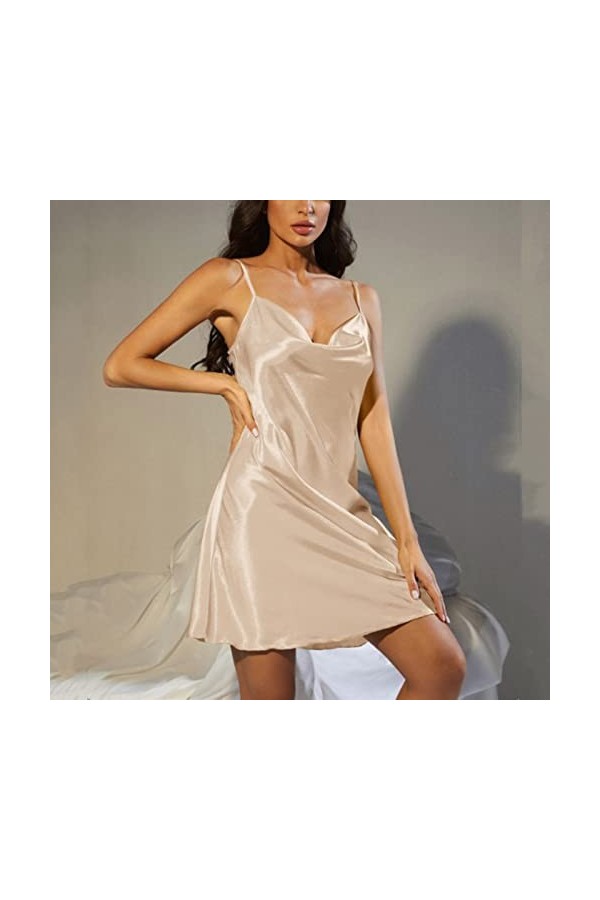 IQYU Chemise de nuit en dentelle pour femme - Lingerie en satin - Lingerie sexy - Culotte complète - Lingerie sexy - 102, Or 