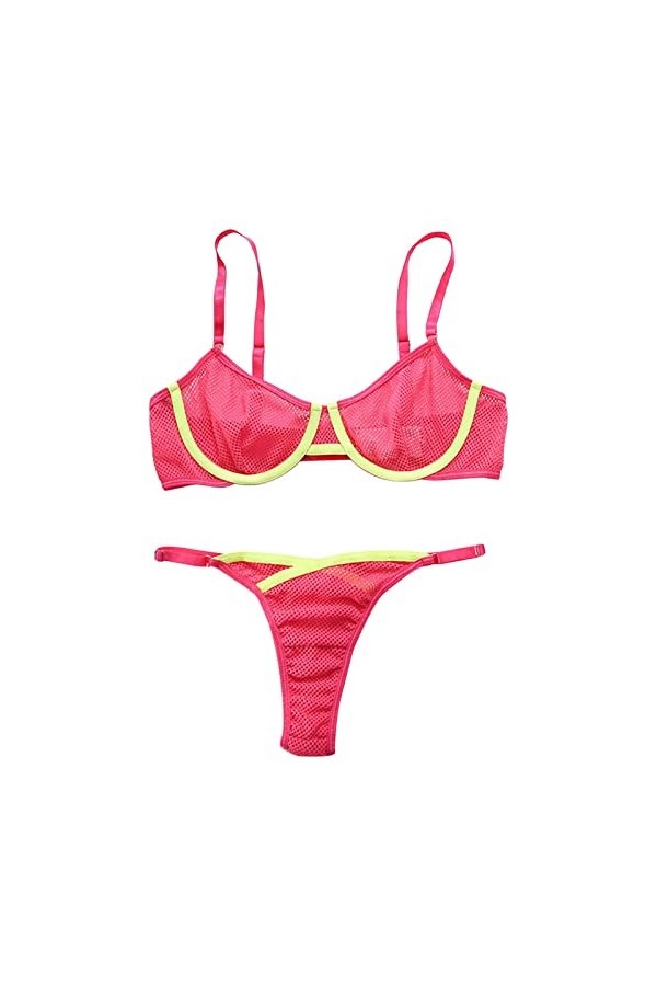 LDadgf Ensemble de lingerie sexy en dentelle rose et jaune avec soutien-gorge et culotte en dentelle et tablier, rose vif, M