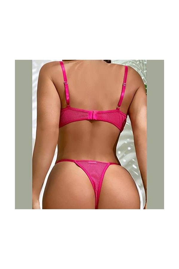 LDadgf Ensemble de lingerie sexy en dentelle rose et jaune avec soutien-gorge et culotte en dentelle et tablier, rose vif, M