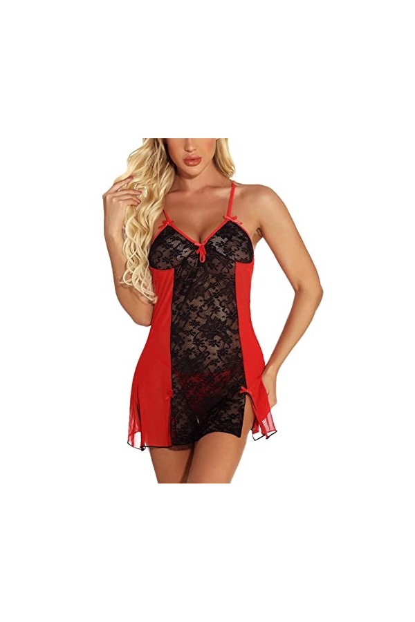 JozAdy Nuisette sexy en dentelle pour femme, rouge/noir, L