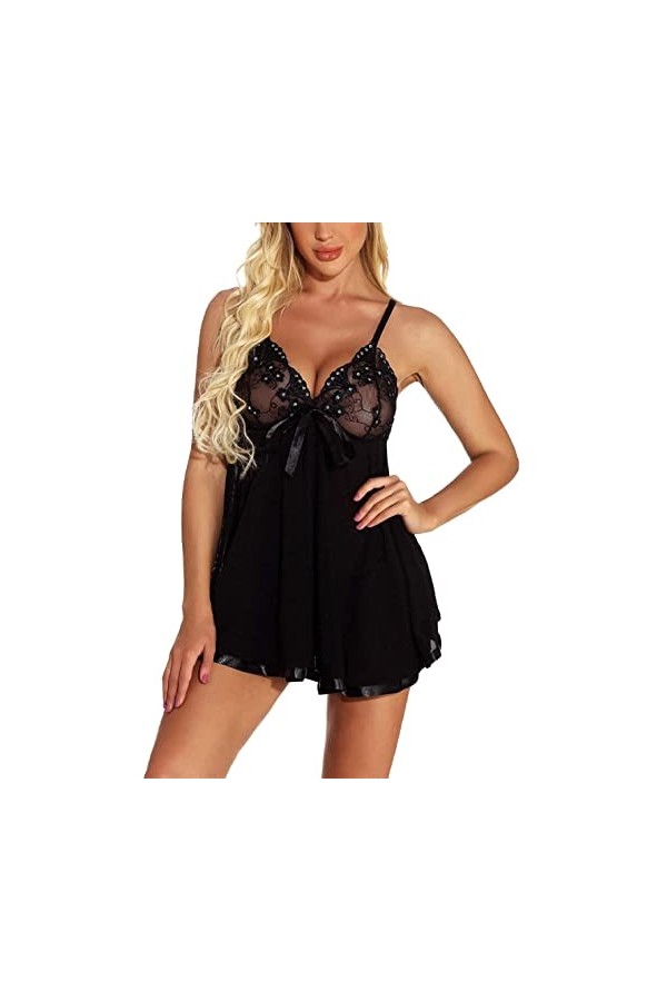 JozAdy Ensemble de lingerie sexy en dentelle pour femme, nuisette avec string grande taille, Noir , 4X-Large