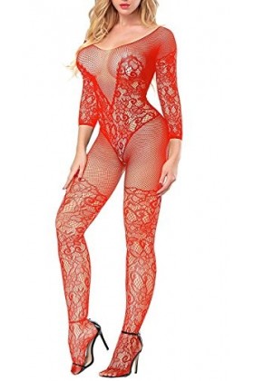 Acizi Body sexy en résille à manches longues - Rouge - Taille Unique