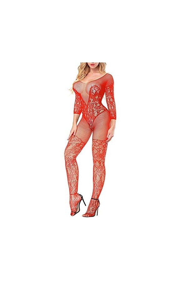 Acizi Body sexy en résille à manches longues - Rouge - Taille Unique