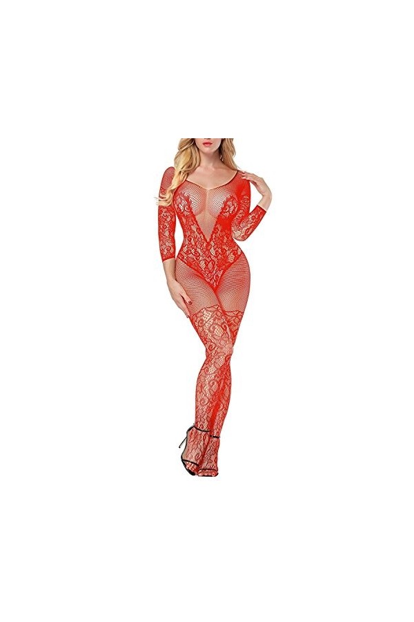 Acizi Body sexy en résille à manches longues - Rouge - Taille Unique