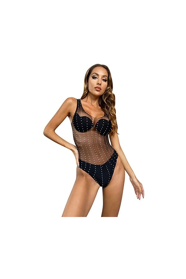 UOWEG Femmes Sexy Diamond Colored Diamond Shiny MeshSexy Lingerie sous-vêtements Tenue Sexy avec Trou Black, One Size 